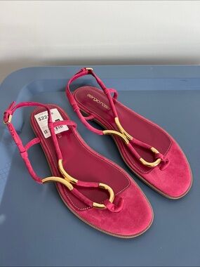 Sergio Rossi twist flat open toe sandals pink suede and gold tone hardware 37